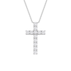 A silver cross pendant necklace paved with clear round-cut gemstones, suspended from a delicate silver chain against a solid white background.