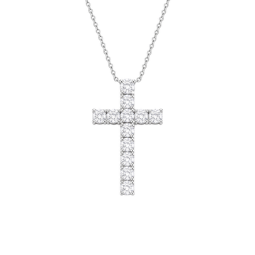 A silver cross pendant necklace paved with clear round-cut gemstones, suspended from a delicate silver chain against a solid white background.