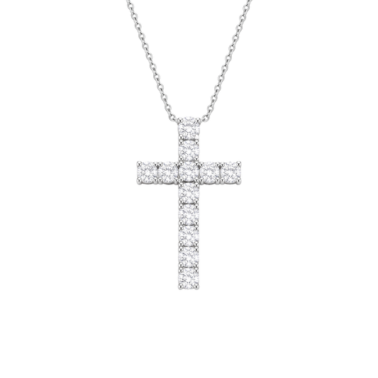 A silver cross pendant necklace paved with clear round-cut gemstones, suspended from a delicate silver chain against a solid white background.