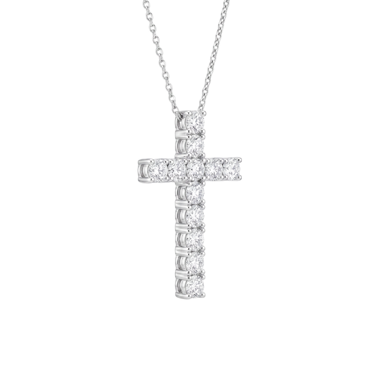 A silver cross pendant necklace adorned with clear round-cut gemstones, suspended from a delicate silver chain against a plain white background.