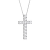 A silver cross pendant necklace adorned with clear round-cut gemstones, suspended from a delicate silver chain against a plain white background.