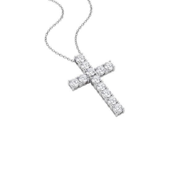 A silver cross pendant necklace paved with clear stones, suspended from a delicate silver chain against a solid white background.