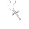 A silver cross pendant necklace paved with clear stones, suspended from a delicate silver chain against a solid white background.