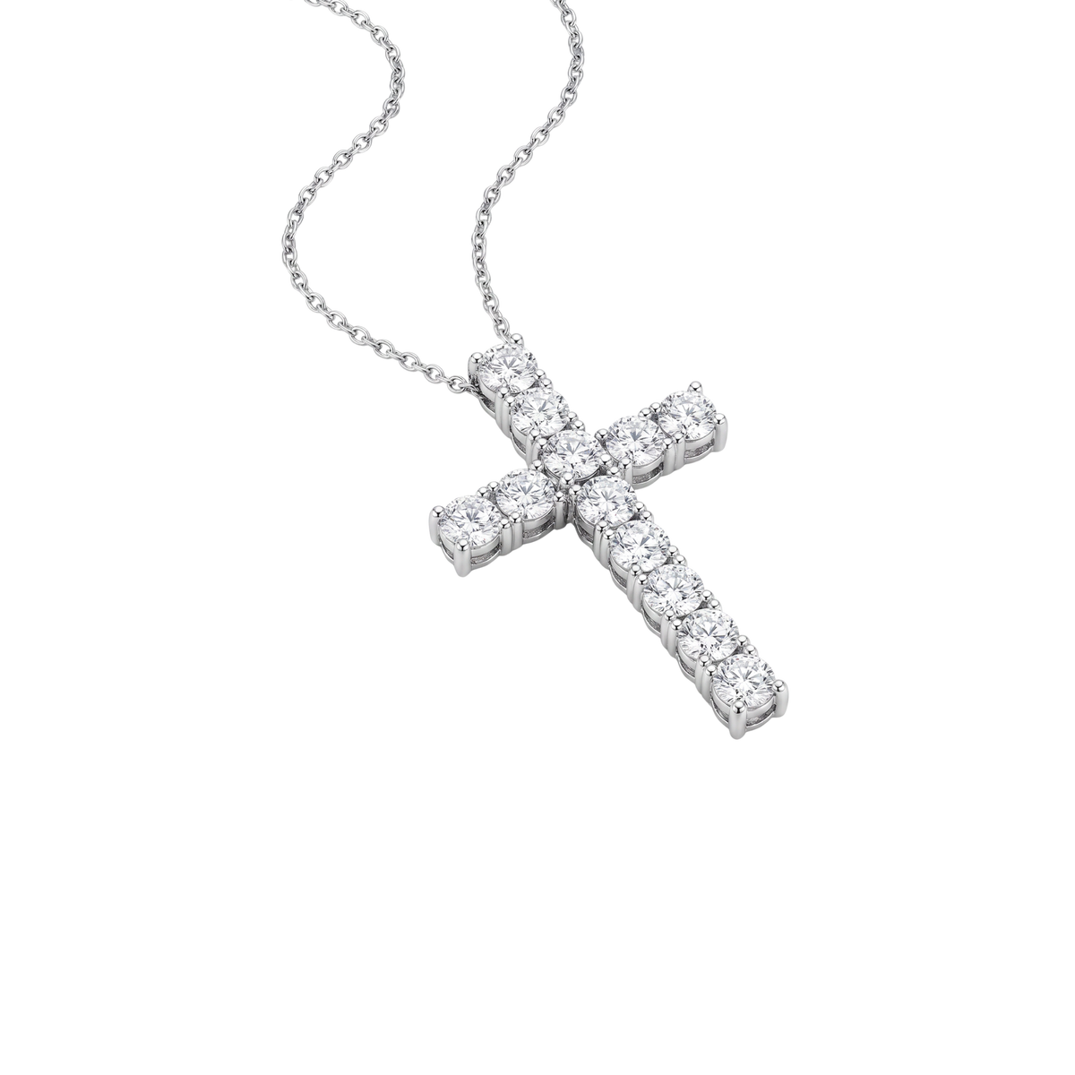 A silver cross pendant necklace paved with clear stones, suspended from a delicate silver chain against a solid white background.