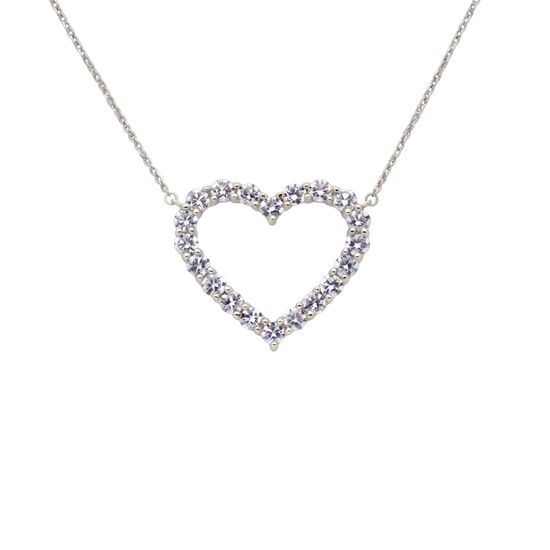 A silver heart-shaped pendant necklace adorned with small clear stones, suspended from a delicate silver chain against a plain white background.