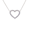 A silver heart-shaped pendant necklace adorned with small clear stones, suspended from a delicate silver chain against a plain white background.