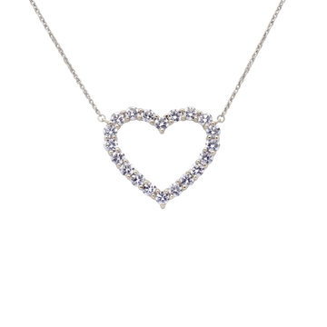 A silver heart-shaped pendant necklace adorned with small clear stones, suspended from a delicate silver chain against a plain white background.