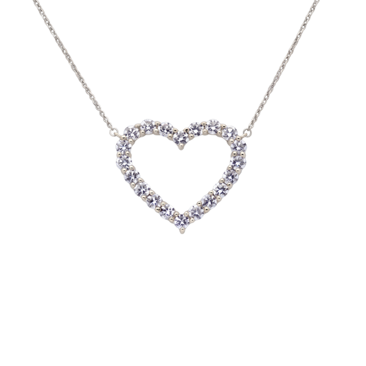 A silver heart-shaped pendant necklace adorned with small clear stones, suspended from a delicate silver chain against a plain white background.