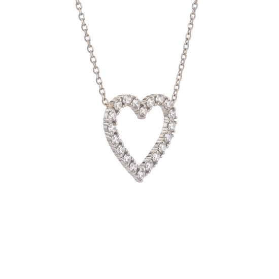 A silver heart-shaped pendant necklace adorned with small clear stones, suspended from a delicate silver chain against a plain white background.