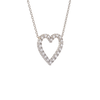 A silver heart-shaped pendant necklace adorned with small clear stones, suspended from a delicate silver chain against a plain white background.