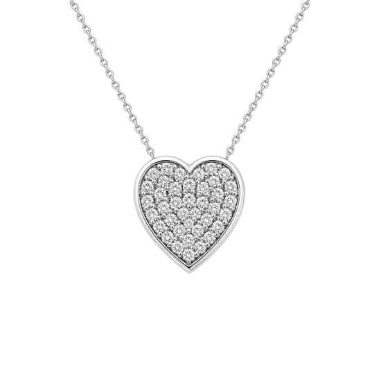 A silver heart-shaped pendant necklace paved with small clear gemstones, suspended from a delicate silver chain against a plain white background.