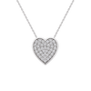 A silver heart-shaped pendant necklace paved with small clear gemstones, suspended from a delicate silver chain against a plain white background.