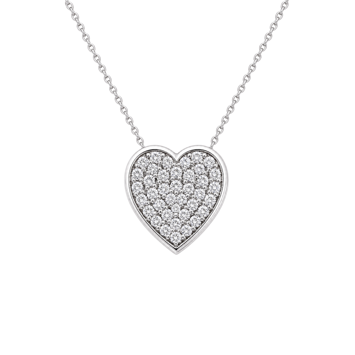 A silver heart-shaped pendant necklace paved with small clear gemstones, suspended from a delicate silver chain against a plain white background.