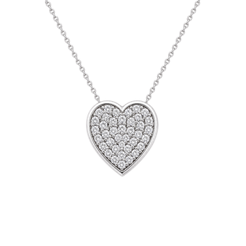 A silver heart-shaped pendant necklace paved with small clear gemstones, suspended from a delicate silver chain against a plain white background.