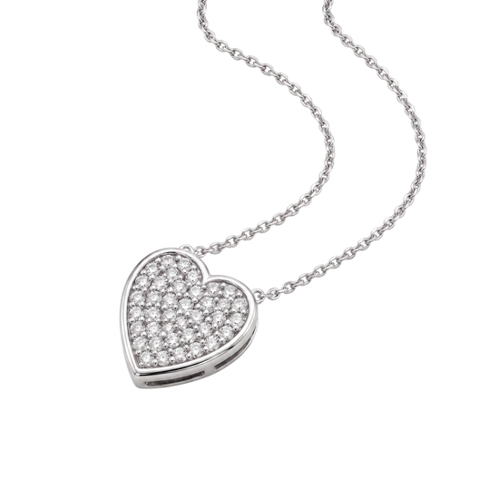 A silver heart-shaped pendant necklace paved with small clear stones, suspended from a delicate silver chain on a plain white background.