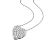 A silver heart-shaped pendant necklace paved with small clear stones, suspended from a delicate silver chain on a plain white background.