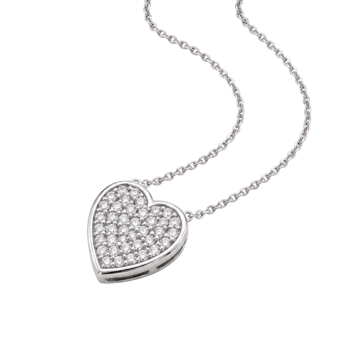 A silver heart-shaped pendant necklace paved with small clear stones, suspended from a delicate silver chain on a plain white background.