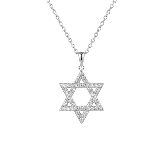 A silver Star of David pendant necklace paved with small clear stones, suspended from a delicate silver chain against a plain white background.