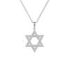 A silver Star of David pendant necklace paved with small clear stones, suspended from a delicate silver chain against a plain white background.