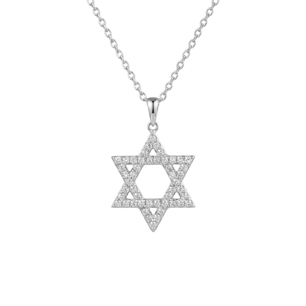 A silver Star of David pendant necklace paved with small clear stones, suspended from a delicate silver chain against a plain white background.