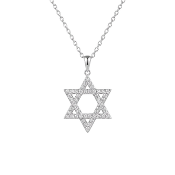 A silver Star of David pendant necklace paved with small clear stones, suspended from a delicate silver chain against a plain white background.