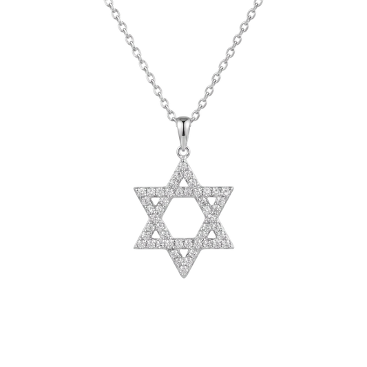 A silver Star of David pendant necklace paved with small clear stones, suspended from a delicate silver chain against a plain white background.