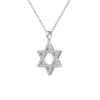 A silver Star of David pendant necklace paved with small clear stones, suspended from a delicate silver chain against a plain white background.