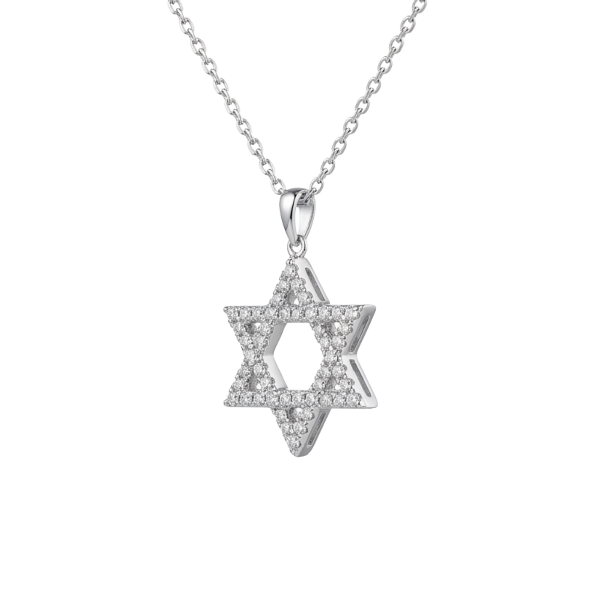 A silver Star of David pendant necklace paved with small clear stones, suspended from a delicate silver chain against a plain white background.