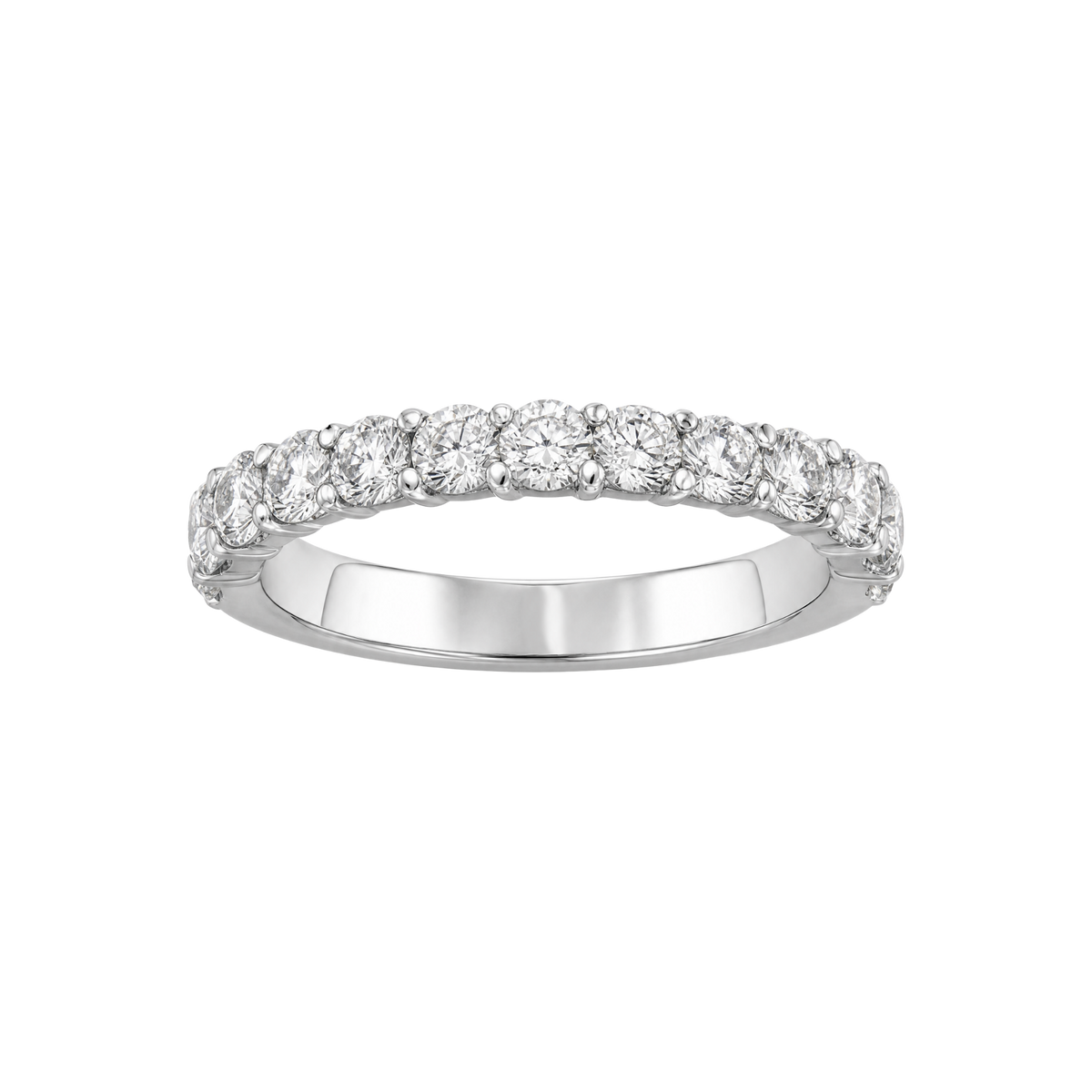 A silver diamond eternity ring with a row of round-cut diamonds set in a polished silver band, shown against a plain white background.