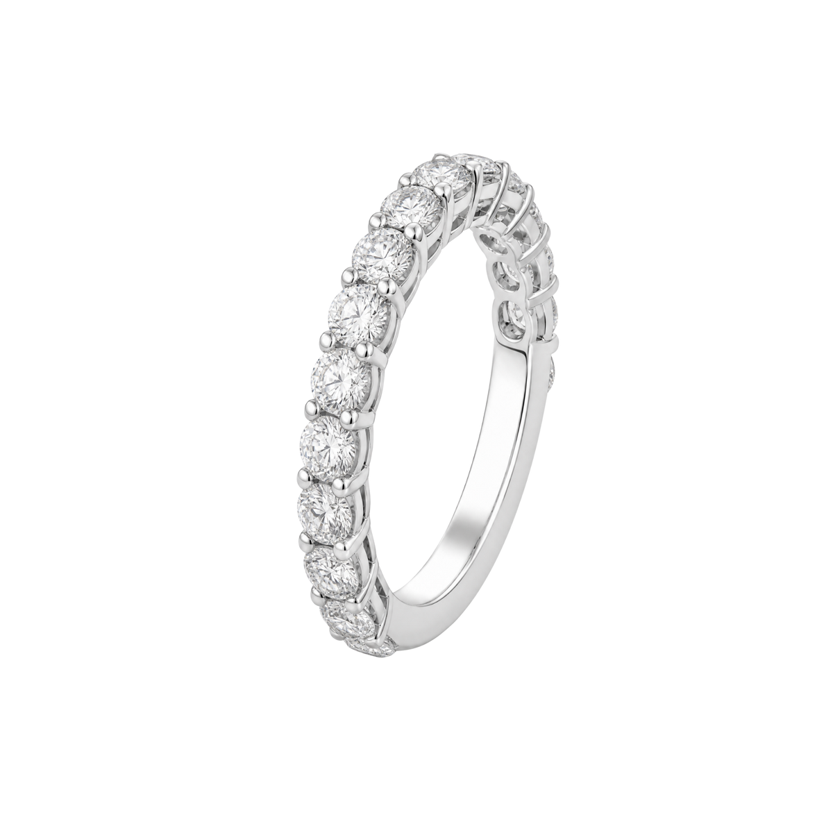 A silver-toned eternity ring featuring a continuous row of round-cut clear gemstones in a prong setting, shown on a plain white background.