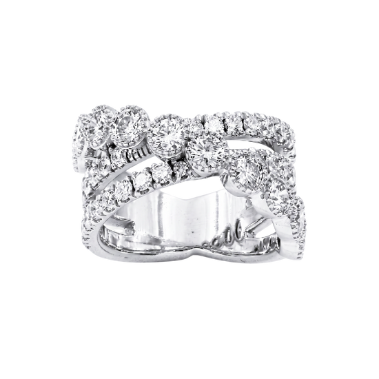 A silver-toned double band ring set with numerous round and oval-cut clear gemstones, shown against a plain white background.
