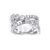 A silver-toned double band ring set with numerous round and oval-cut clear gemstones, shown against a plain white background.
