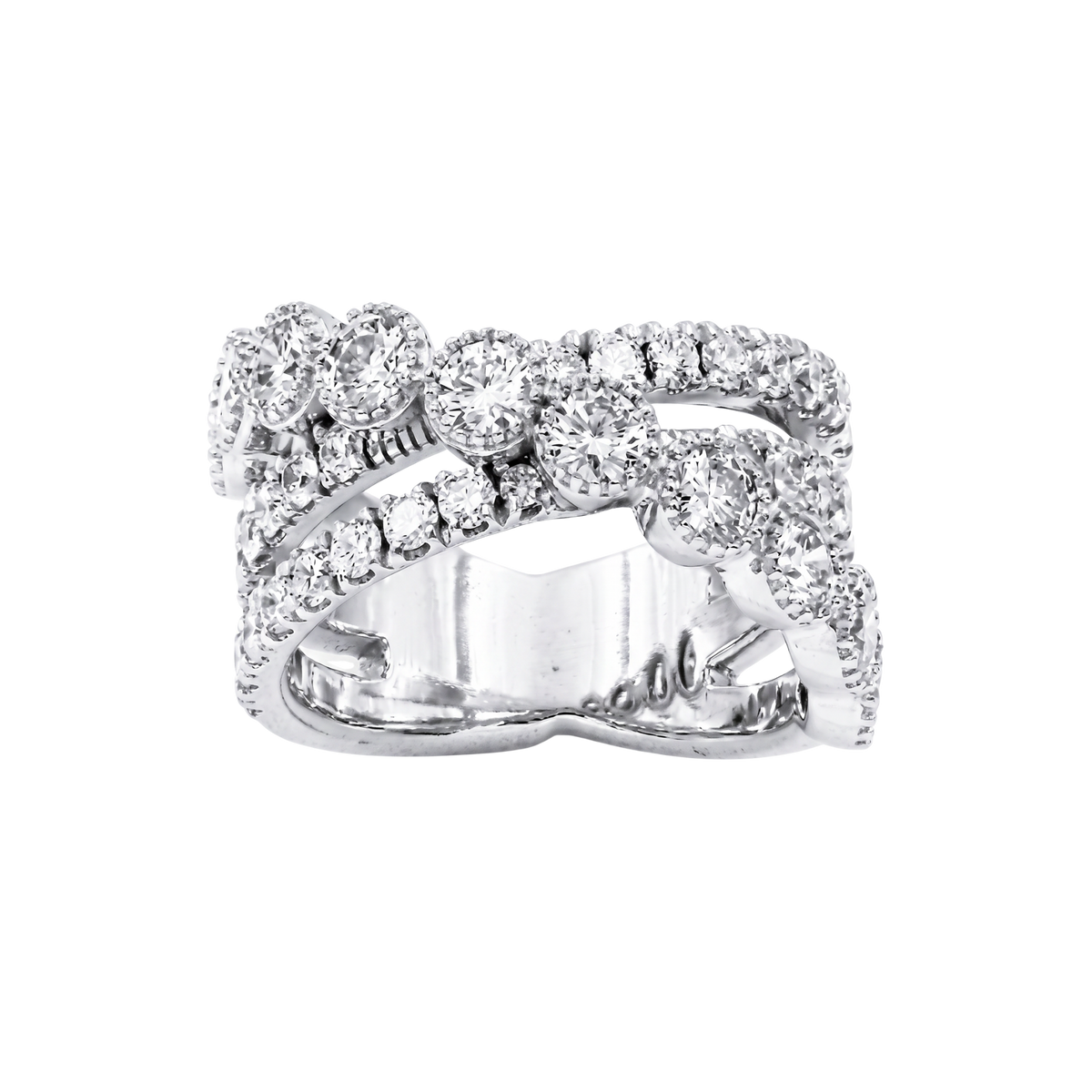 A silver-toned double band ring set with numerous round and oval-cut clear gemstones, shown against a plain white background.