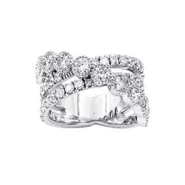 A silver-toned double band ring set with numerous round and oval-cut clear gemstones, shown against a plain white background.