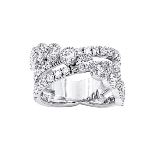 A silver-toned double band ring set with numerous round and oval-cut clear gemstones, shown against a plain white background.