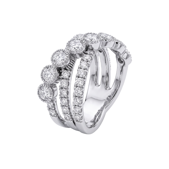 A silver-toned multi-band ring featuring round-cut diamonds in halo settings and channel settings, shown on a plain white background.