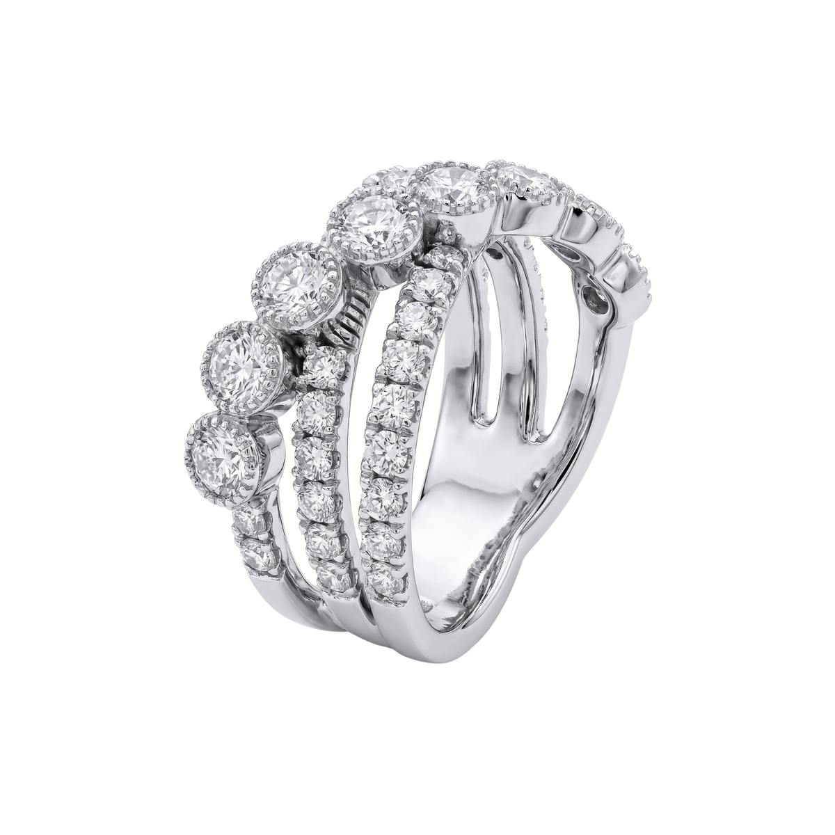 A silver-toned multi-band ring featuring round-cut diamonds in halo settings and channel settings, shown on a plain white background.