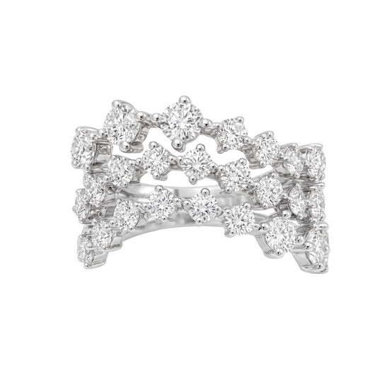 A silver-tone diamond ring with three overlapping rows of round-cut diamonds, photographed on a clean white background.