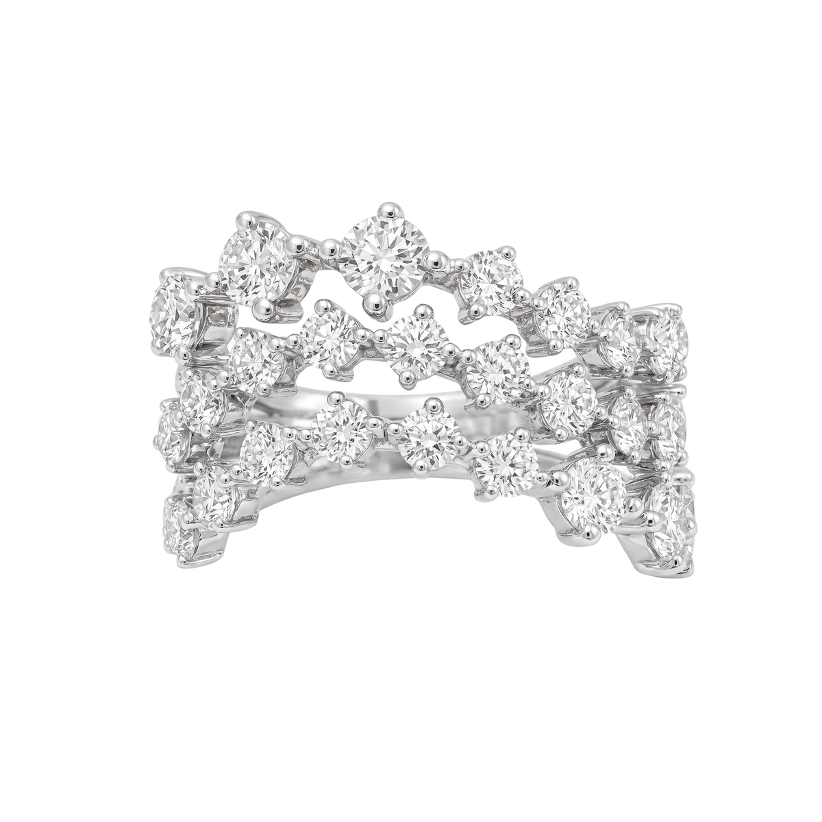 A silver-tone diamond ring with three overlapping rows of round-cut diamonds, photographed on a clean white background.