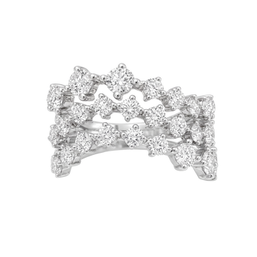 A silver-tone diamond ring with three overlapping rows of round-cut diamonds, photographed on a clean white background.