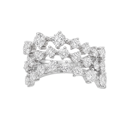 A silver-tone diamond ring with three overlapping rows of round-cut diamonds, photographed on a clean white background.