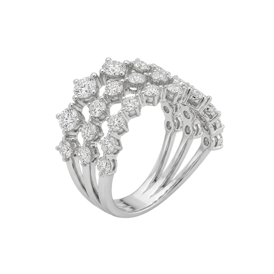 A silver-toned cluster ring featuring multiple rows of round-cut clear gemstones, shown on a plain white background.