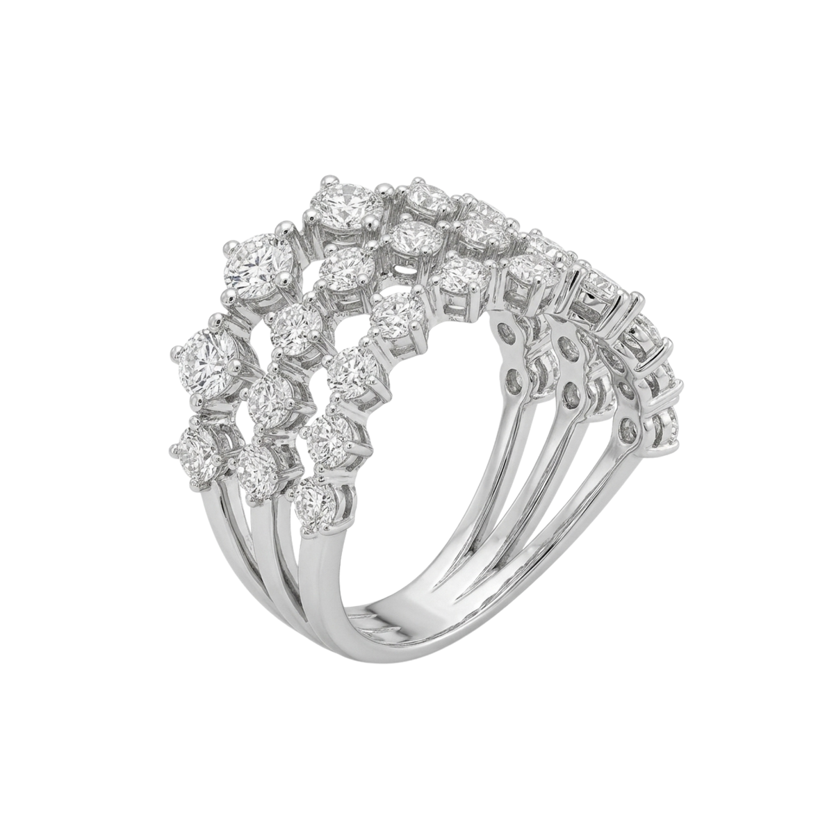 A silver-toned cluster ring featuring multiple rows of round-cut clear gemstones, shown on a plain white background.