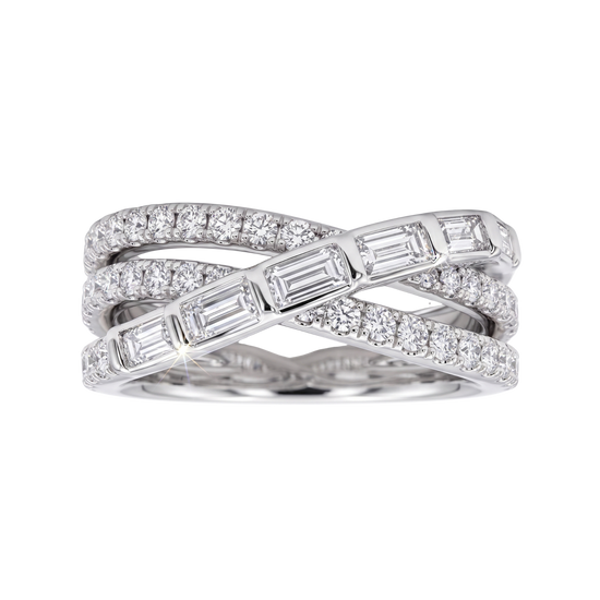 A silver-toned crossover ring featuring baguette and round-cut diamonds, presented on a clean white background.