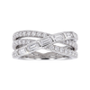 A silver-toned crossover ring featuring baguette and round-cut diamonds, presented on a clean white background.
