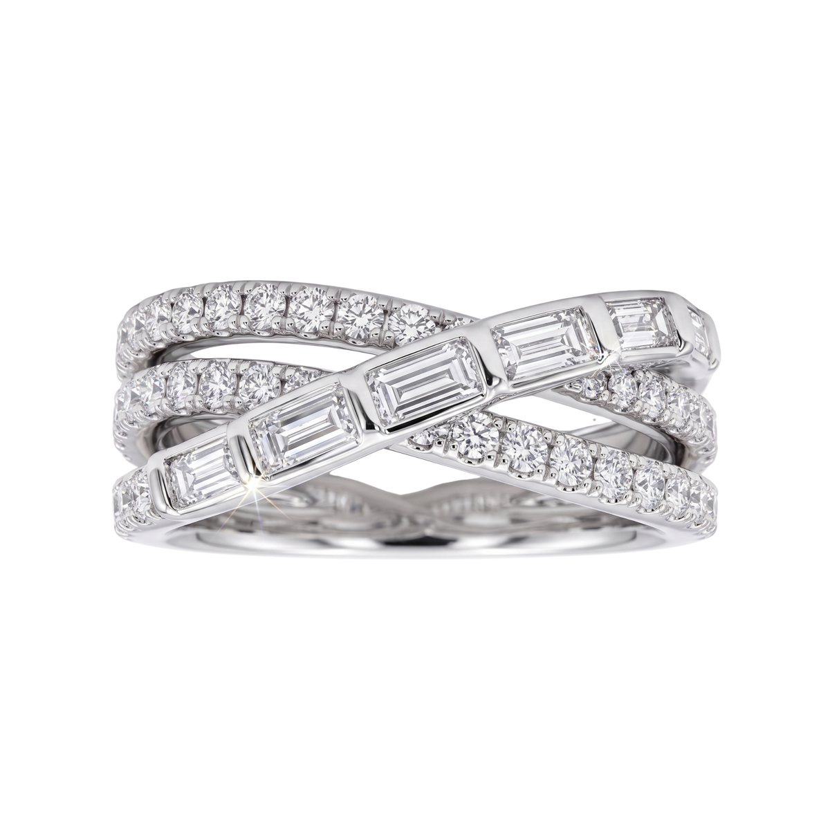 A silver-toned crossover ring featuring baguette and round-cut diamonds, presented on a clean white background.