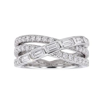A silver-toned crossover ring featuring baguette and round-cut diamonds, presented on a clean white background.