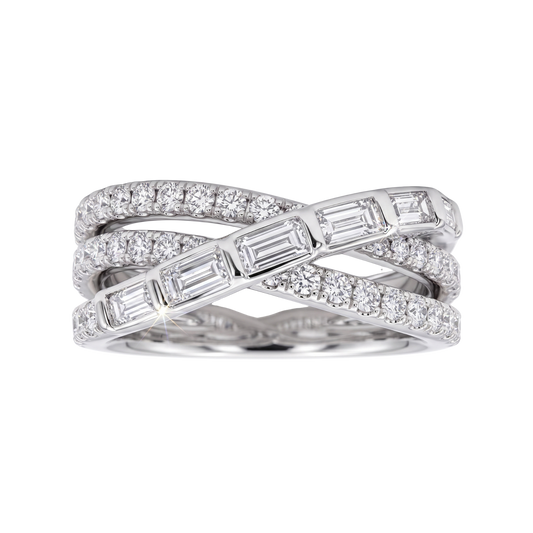 A silver-toned crossover ring featuring baguette and round-cut diamonds, presented on a clean white background.