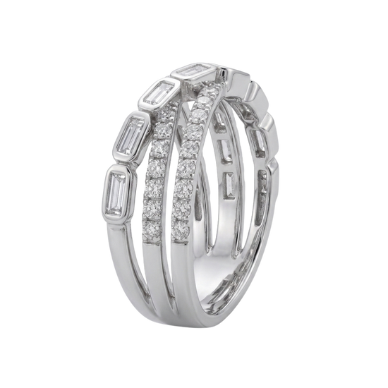 A silver-toned multi-band ring featuring three interlocking bands: one with baguette-cut clear stones, one with a channel of round clear stones, and one with a polished smooth section, shown on a plain white background.