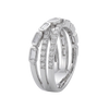 A silver-toned multi-band ring featuring three interlocking bands: one with baguette-cut clear stones, one with a channel of round clear stones, and one with a polished smooth section, shown on a plain white background.